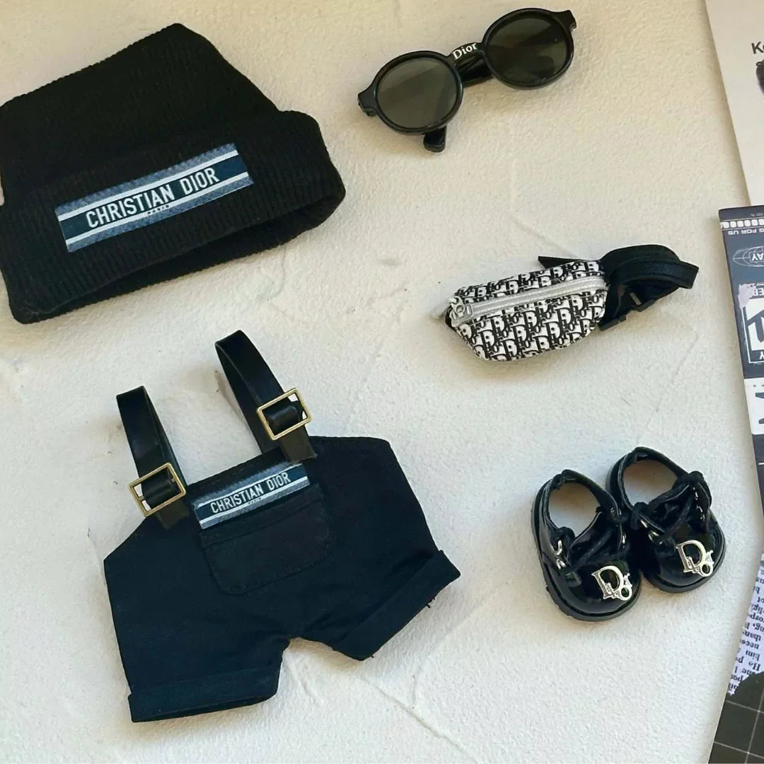 Handmade Luxury-Inspired Black Knit Beanie & Overalls Outfit