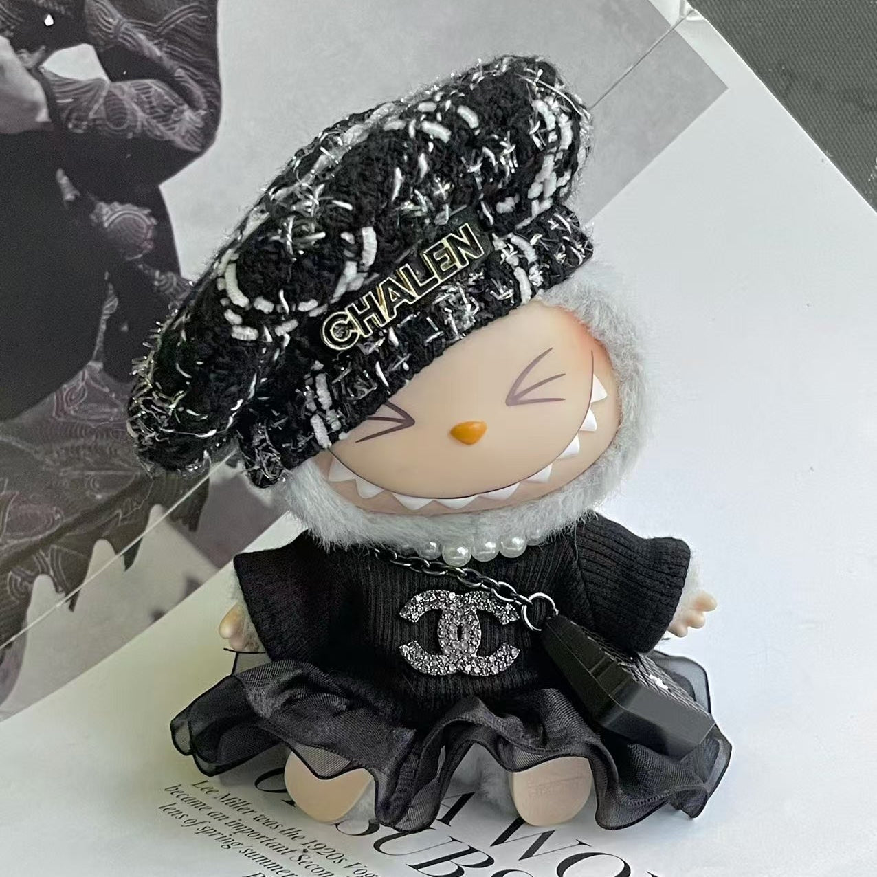 Handmade Luxury-Inspired Black Tweed Beret Hat & Dress Outfit