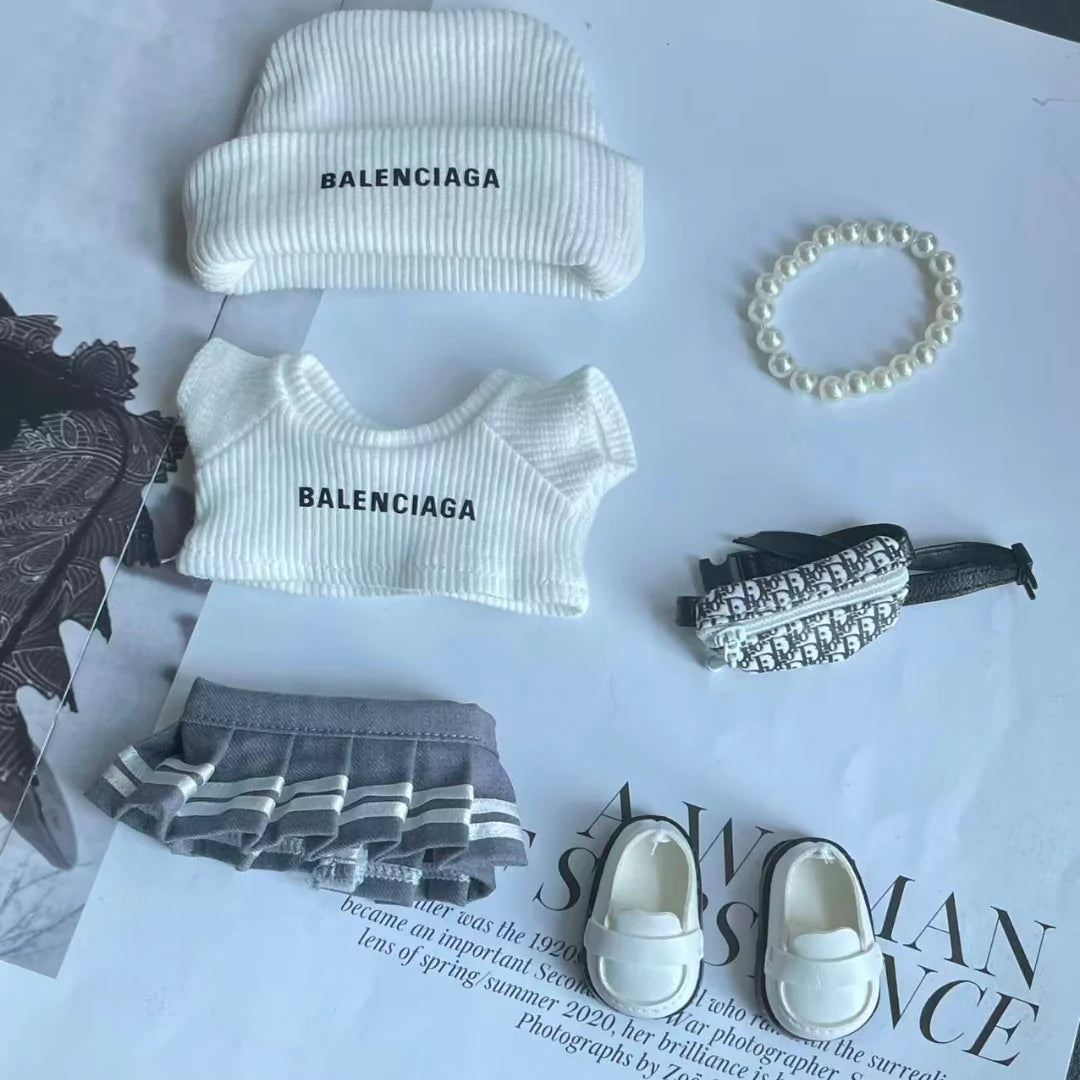 Handmade Luxury-Inspired White Knit Beanie Hat & Pleated Skirt Outfit