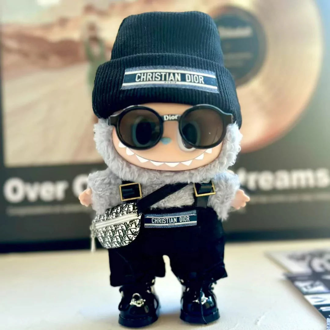 Handmade Luxury-Inspired Black Knit Beanie & Overalls Outfit