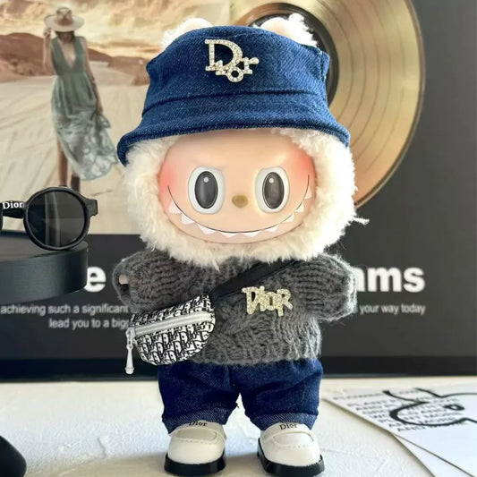 Handmade Luxury-Inspired Blue Denim Bucket Hat & Grey Knit Sweater Outfit