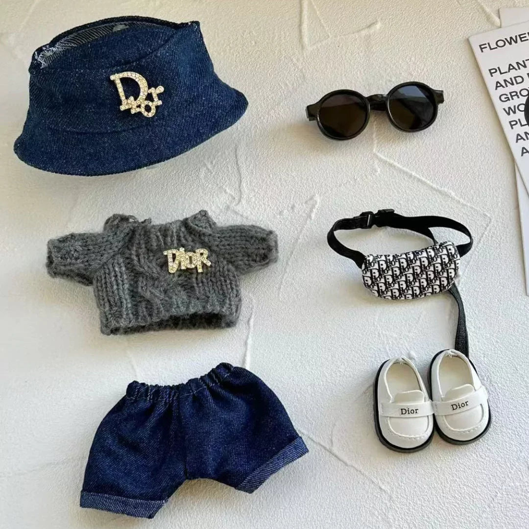 Handmade Luxury-Inspired Blue Denim Bucket Hat & Grey Knit Sweater Outfit