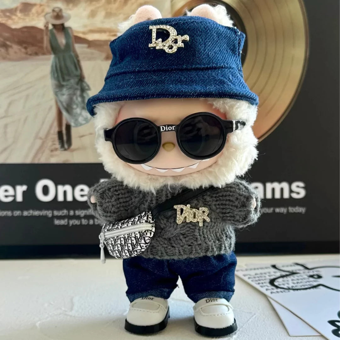 Handmade Luxury-Inspired Blue Denim Bucket Hat & Grey Knit Sweater Outfit