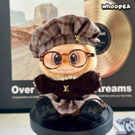 Handmade Luxury-Inspired Brown Plaid Skirt & Beret Hat Outfit