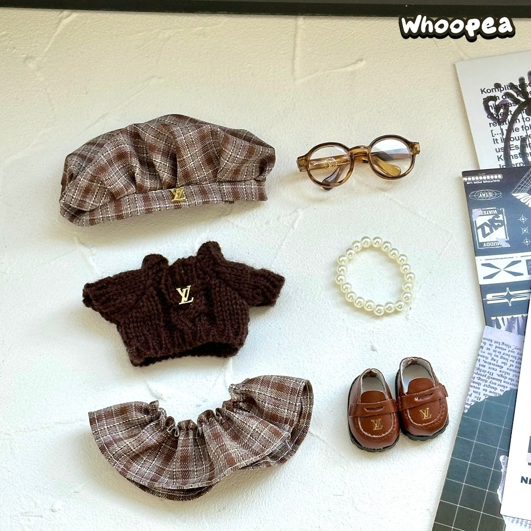 Handmade Luxury-Inspired Brown Plaid Skirt & Beret Hat Outfit