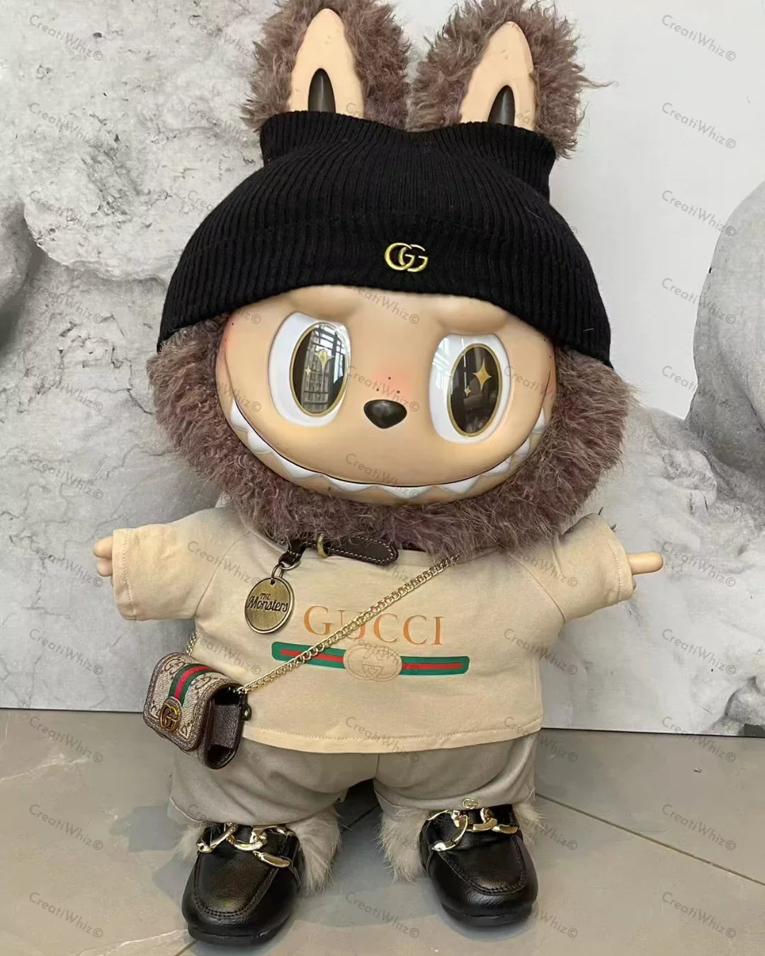 Handmade Mega-Size Luxury-Inspired Black Knit Beanie & Khaki Tee Outfit