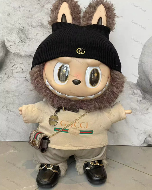 Handmade Mega-Size Luxury-Inspired Black Knit Beanie & Khaki Tee Outfit