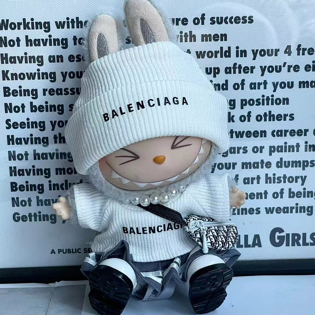 Handmade Luxury-Inspired White Knit Beanie Hat & Pleated Skirt Outfit