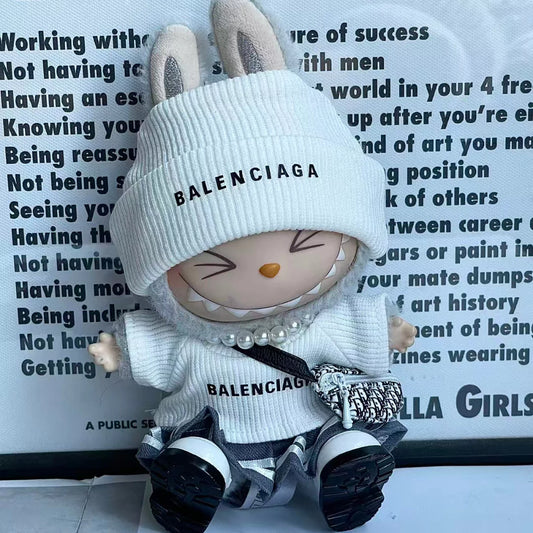 Handmade Luxury-Inspired White Knit Beanie Hat & Pleated Skirt Outfit