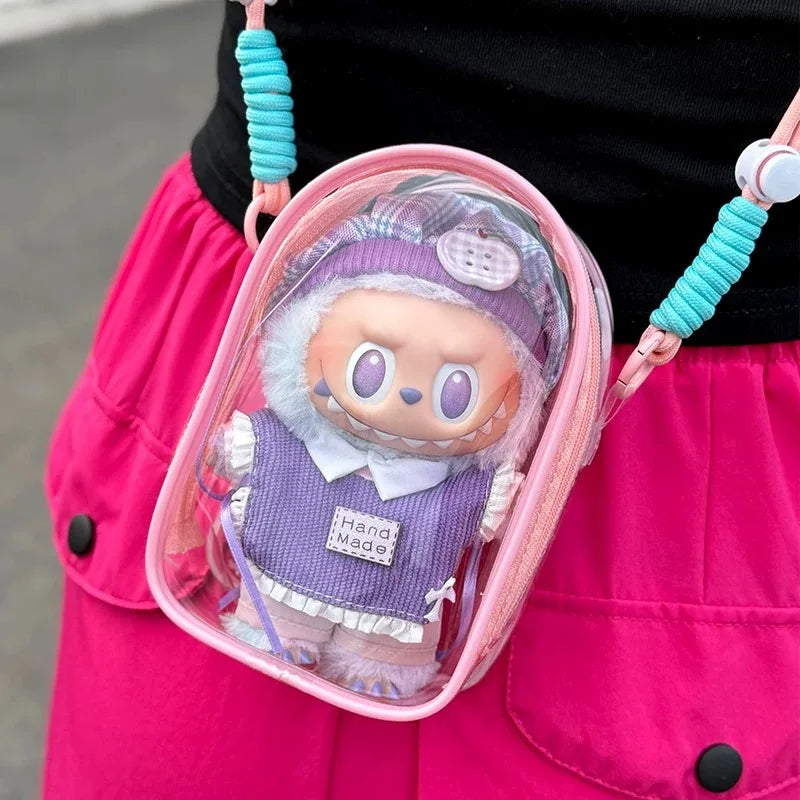 Labubu Protect Case Labubu Sitting Party 15/17Cm Cotton Doll Shoulder Pain Bag PVC Storage Bag Labubu Walk Bag Dustproof
