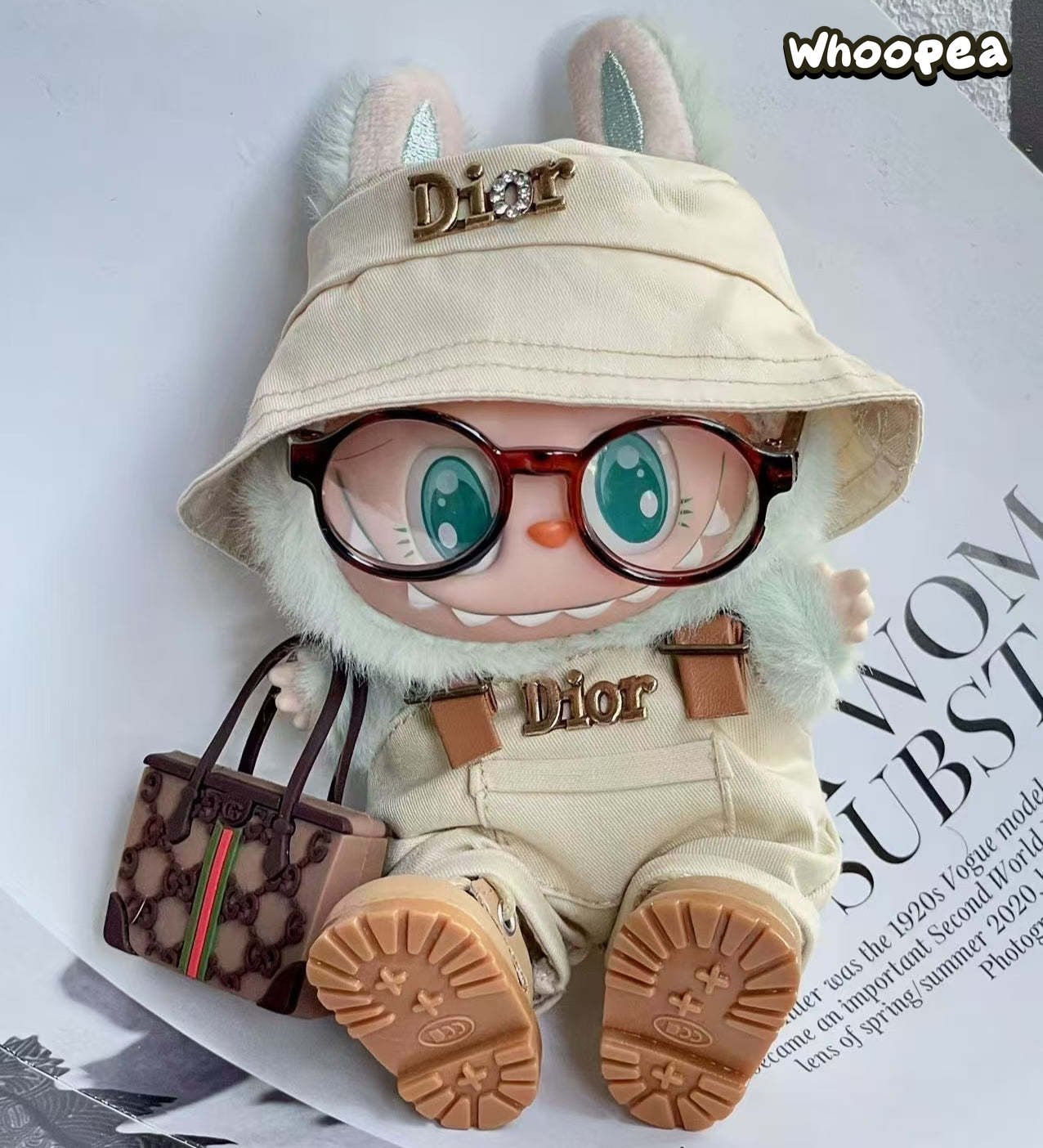 Handmade Luxury-Inspired Beige Bucket Hat & Overalls Outfit