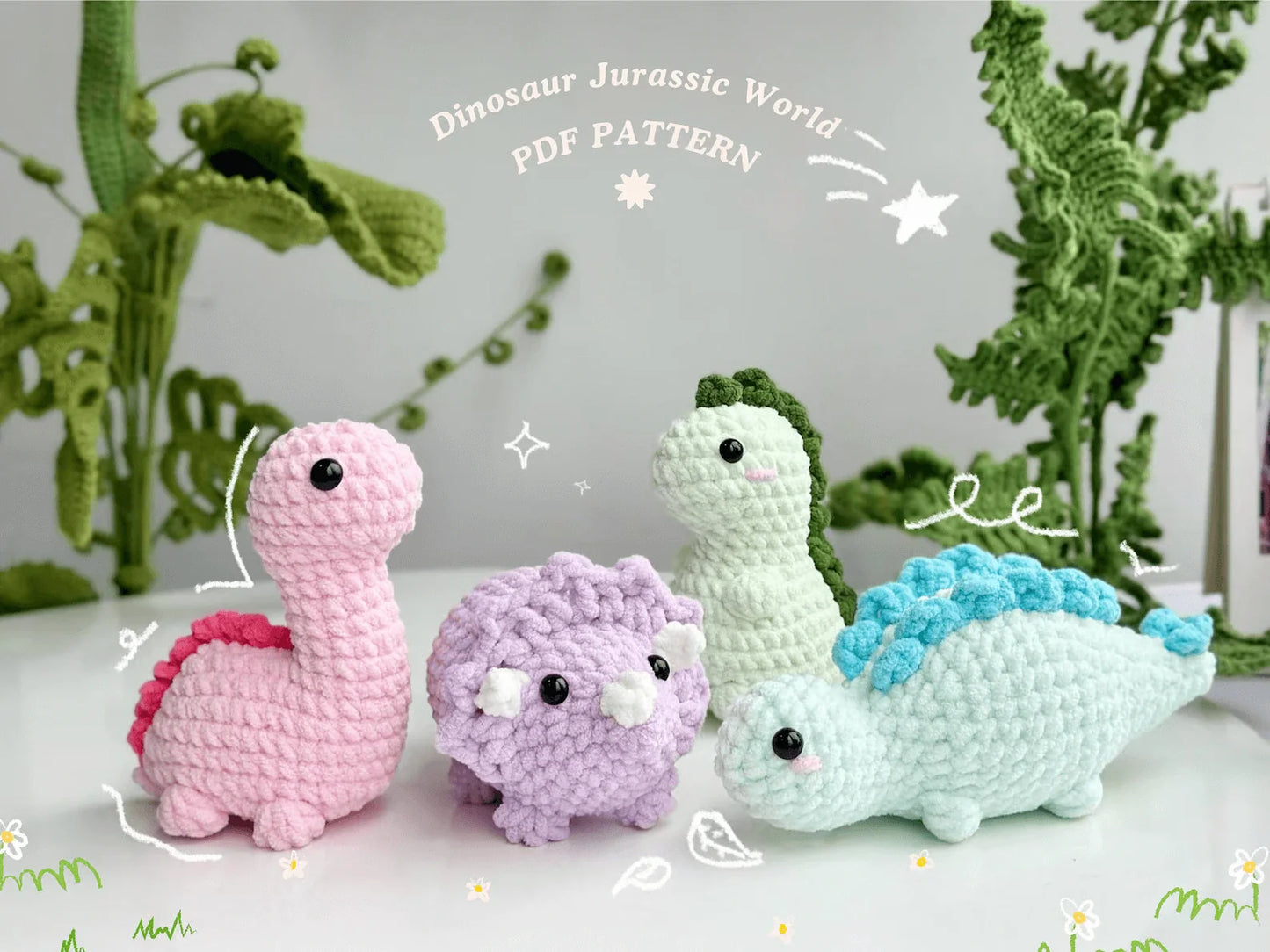 No-Sew Dinosaur Crochet Pattern Bundle – Triceratops, Tyrannosaurus, Stegosaurus | Amigurumi Jurassic World PDF