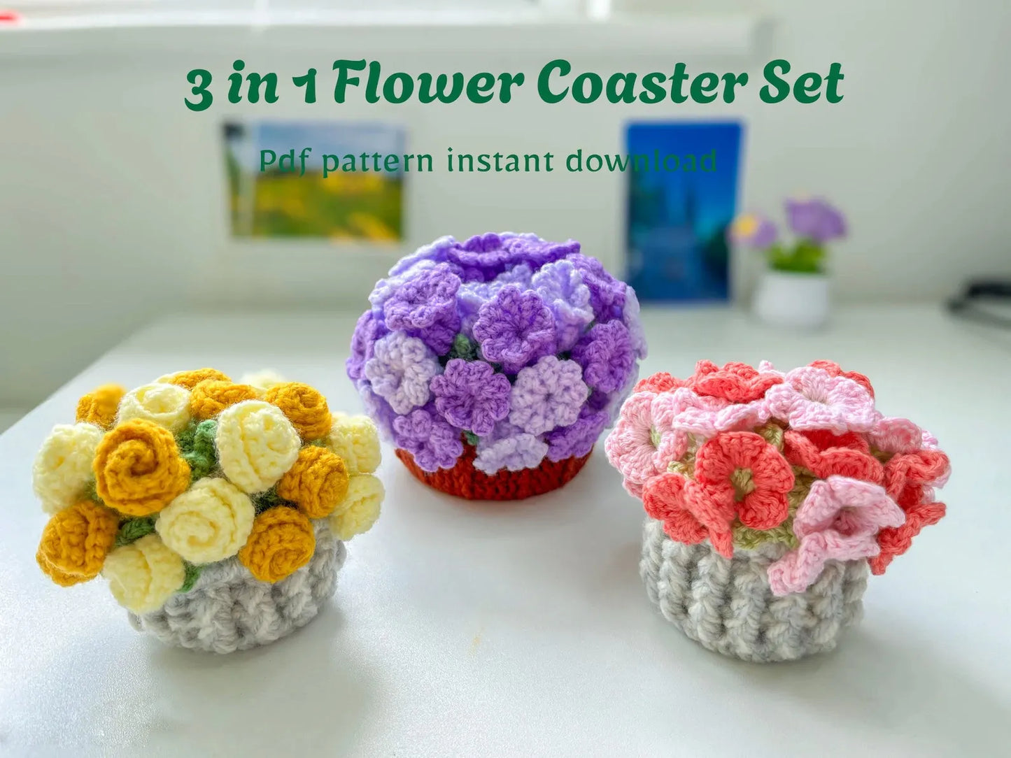 3-in-1 Flower Coaster Crochet Pattern Bundle – Rose, Hydrangea & Bluebell with Basket (PDF Tutorial)