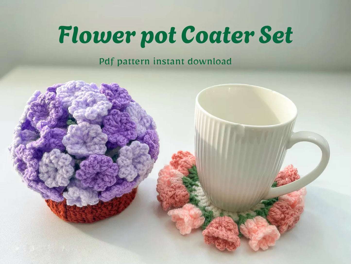 3-in-1 Flower Coaster Crochet Pattern Bundle – Rose, Hydrangea & Bluebell with Basket (PDF Tutorial)