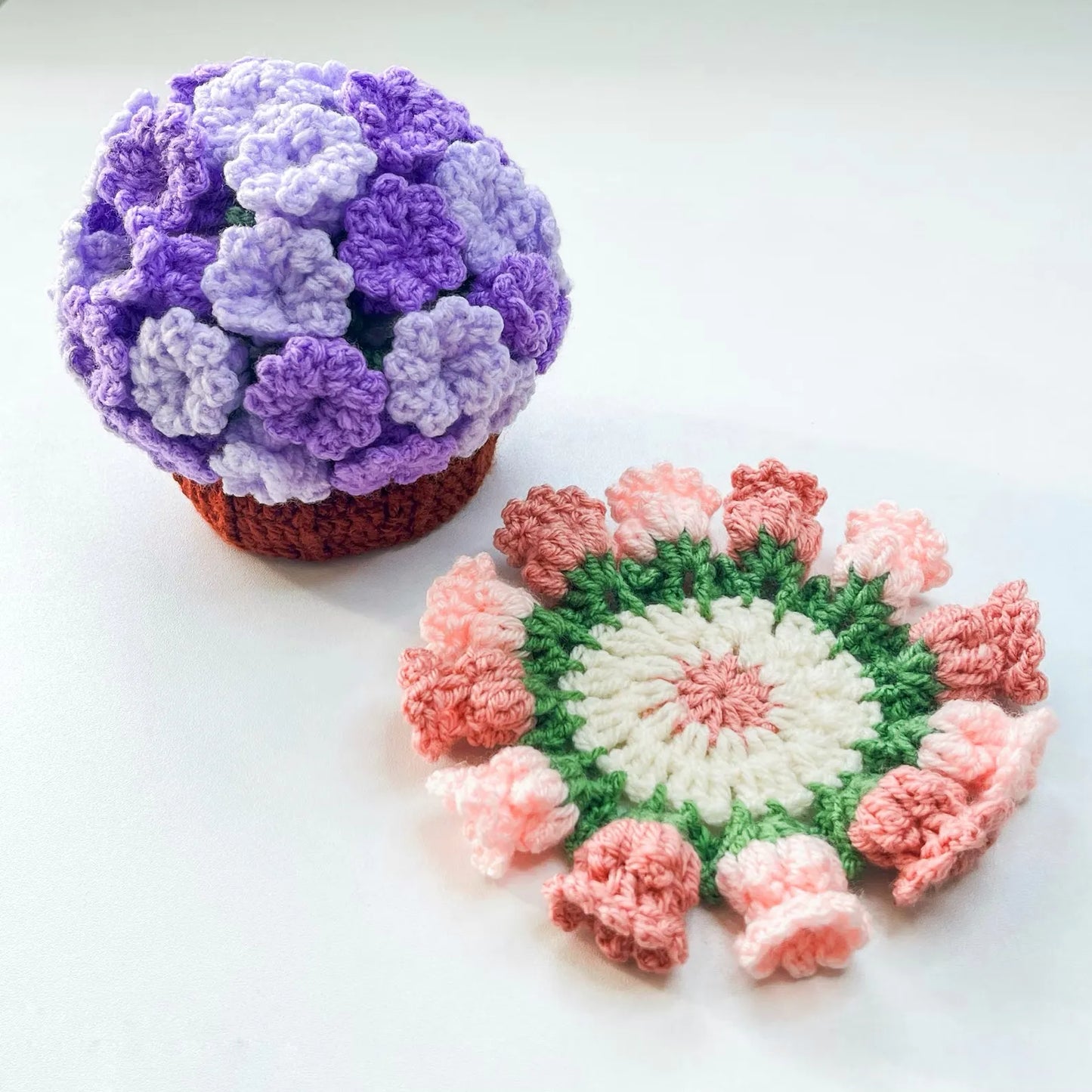 3-in-1 Flower Coaster Crochet Pattern Bundle – Rose, Hydrangea & Bluebell with Basket (PDF Tutorial)