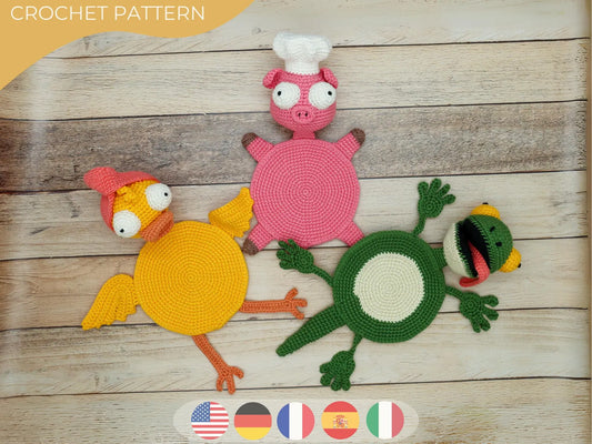Funny Animal Crochet Coaster Pattern Set – Pig Chef, Duck & Lizard PDF Amigurumi Tutorial